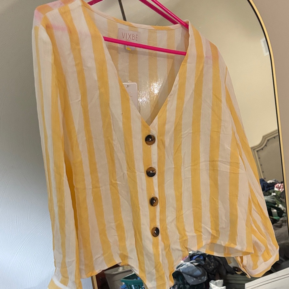 Vixbe Yellow 3/4 sleeve Striped Women's Top